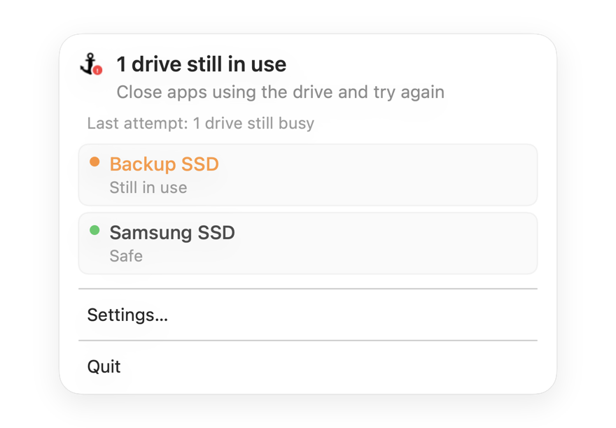 Dockhandy menubar showing one drive still in use