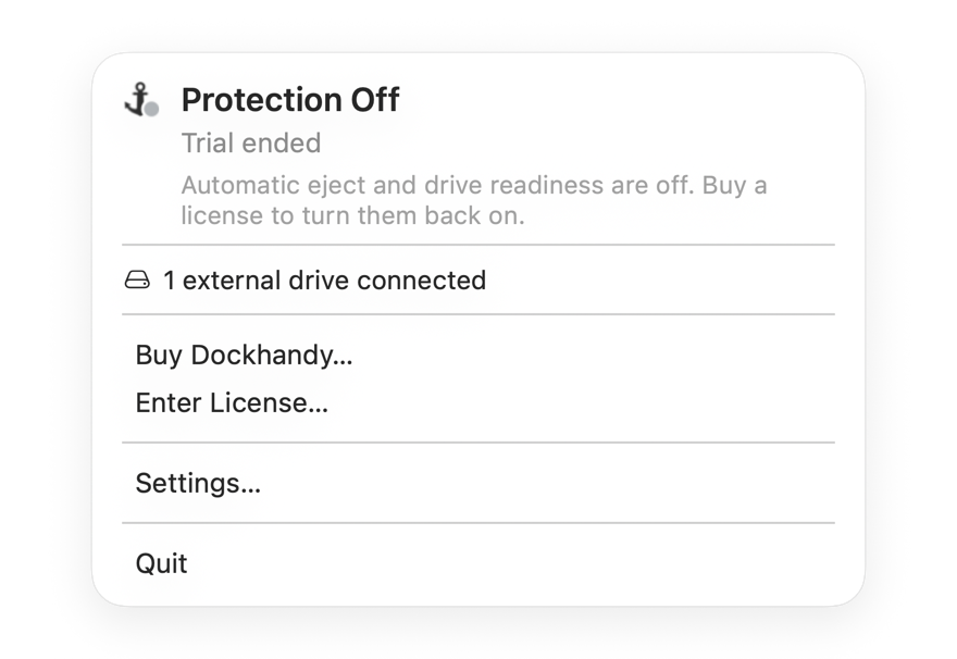 Dockhandy menubar showing Monitor Only after the trial ended